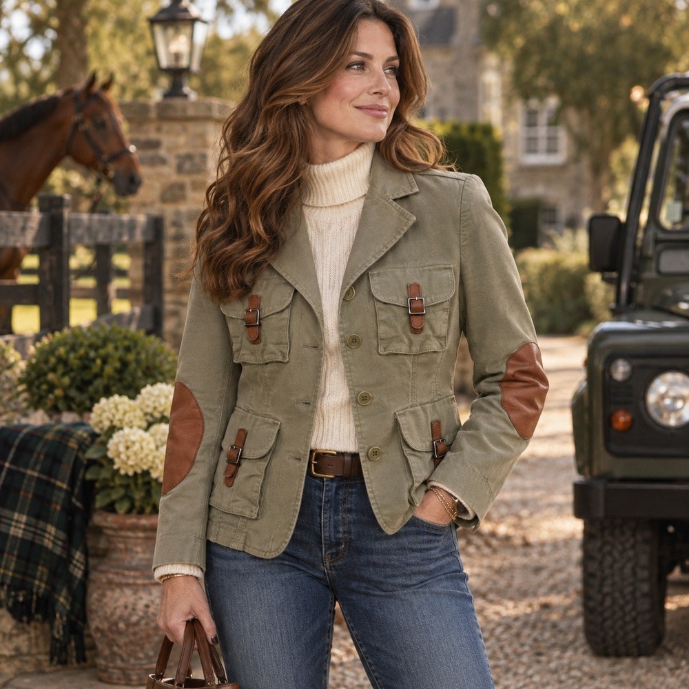 BCBG Max Azria Sandra Safari Jacket Olive Elbow Patch Utility Equestrian Small